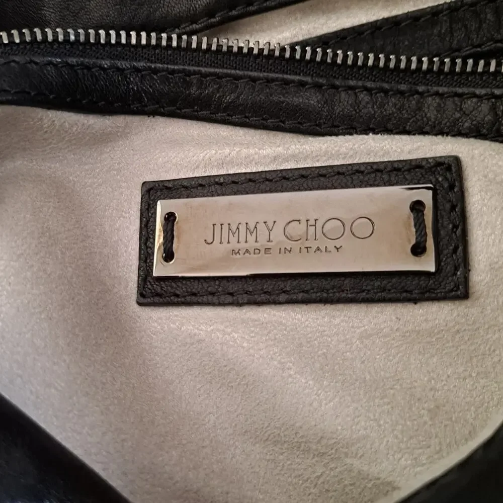 Jimmy Choo Blare Studded Shoulder Purse Satchel Tote Bag Black Glossy Leather